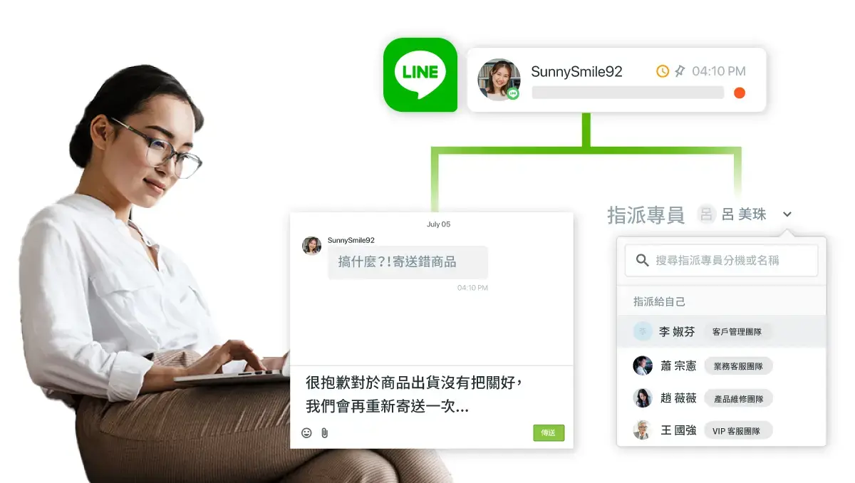 主管可隨時介入協助回覆，或將對話指派其他客服